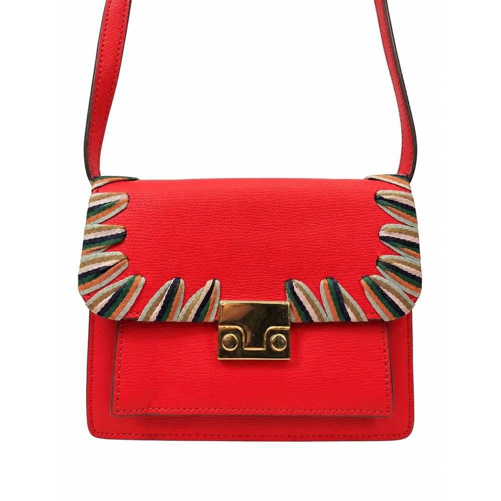 Loeffler Randall Red Pebbled Leather Whipstitch Crossbody Bag Gold Hardware
